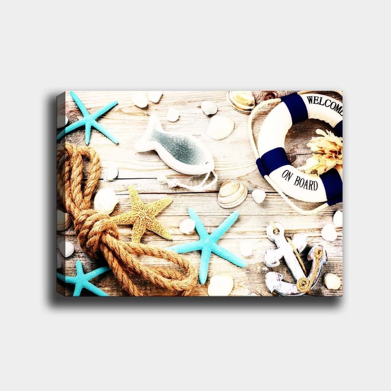 Canvas taulu 70x100 cm - Merellistä rauhaa meritähdillä, simpukoilla ja pelastusrenkaalla, joka luo kesäisen tunnelman, Turkoosi / Beige / Keltainen