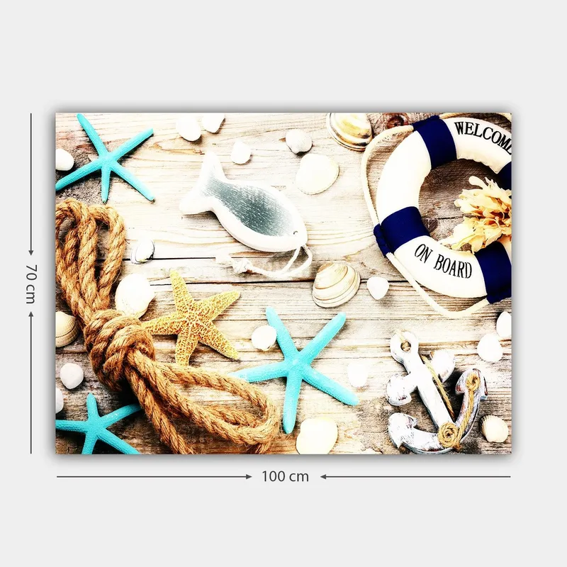 Canvas taulu 70x100 cm - Merellistä rauhaa meritähdillä, simpukoilla ja pelastusrenkaalla, joka luo kesäisen tunnelman - Turkoosi / Beige / Keltainen - Sisustustuotteet - Taulu & taide - Canvas-taulu