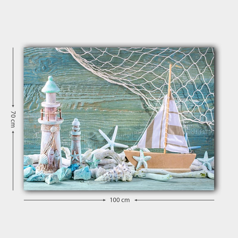 Canvas taulu 70x100 cm - Merimaisema purjeveneellä, majakalla ja meritähdellä rantamaisemissa - Sininen / Valkoinen / Beige - Sisustustuotteet - Taulu & taide - Canvas-taulu
