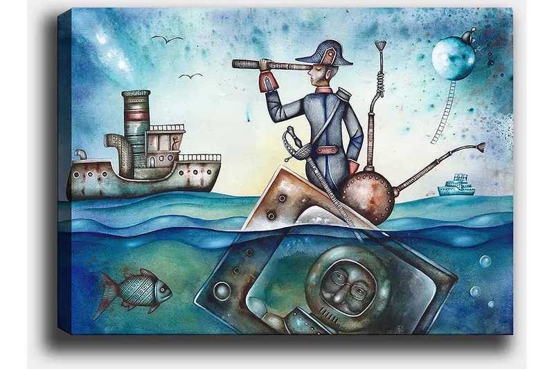 Canvas taulu 70x100 cm - Merimies seisoo veneessä ja katsoo kiikareilla merta, ympäröimänä erilaisilla merellisillä elementeillä - Sininen / Vihreä / Ruskea - Sisustustuotteet - Taulu & taide - Canvas-taulu