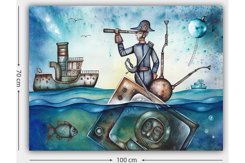 Canvas taulu 70x100 cm - Merimies seisoo veneessä ja katsoo kiikareilla merta, ympäröimänä erilaisilla merellisillä elementeillä - Sininen / Vihreä / Ruskea - Sisustustuotteet - Taulu & taide - Canvas-taulu