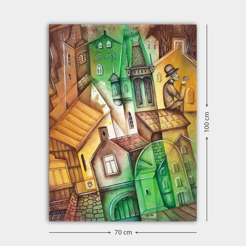 Canvas taulu 70x100 cm - Mielikuvituksellinen kaupunkikuva vääristyneillä taloilla ja hattupäinen mies seisomassa ja katselemassa ympäristöä - Vihreä / Ruskea / Keltainen - Sisustustuotteet - Taulu & taide - Canvas-taulu