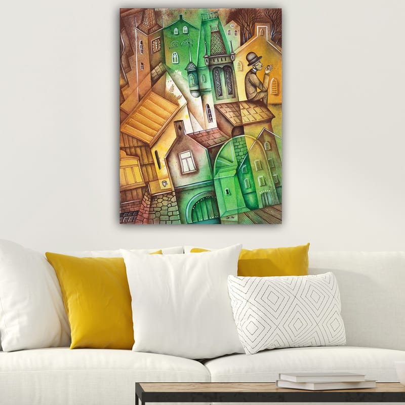 Canvas taulu 70x100 cm - Mielikuvituksellinen kaupunkikuva vääristyneillä taloilla ja hattupäinen mies seisomassa ja katselemassa ympäristöä - Vihreä / Ruskea / Keltainen - Sisustustuotteet - Taulu & taide - Canvas-taulu