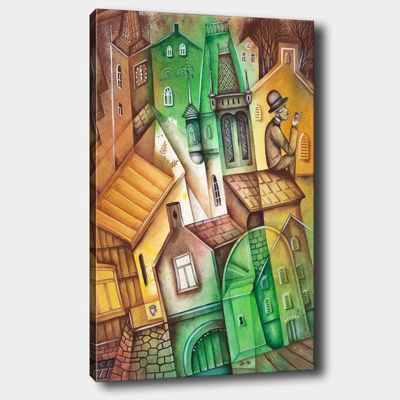 Canvas taulu 70x100 cm - Mielikuvituksellinen kaupunkikuva vääristyneillä taloilla ja hattupäinen mies seisomassa ja katselemassa ympäristöä, Vihreä / Ruskea / Keltainen