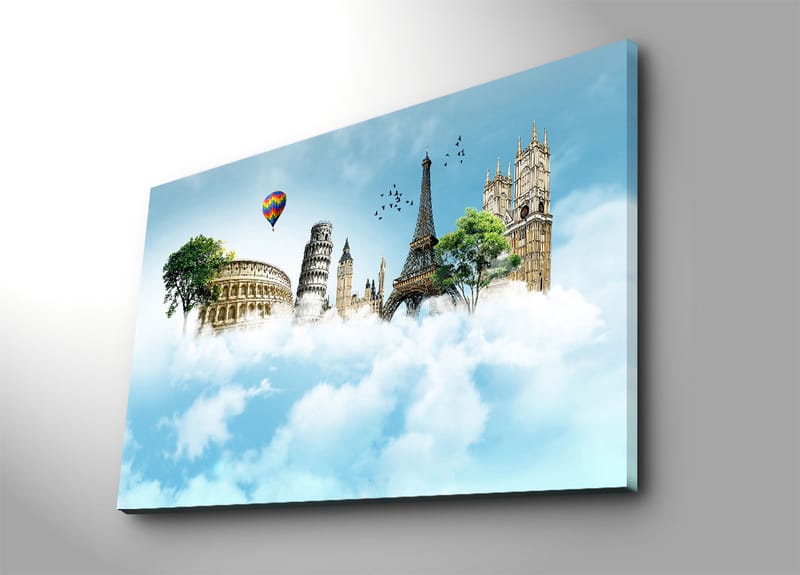 Canvas taulu 70x100 cm - Mielikuvituksellinen maisema kuuluisine rakennuksineen pilvien lomassa - Sininen / Vihreä / Valkoinen - Sisustustuotteet - Taulu & taide - Canvas-taulu