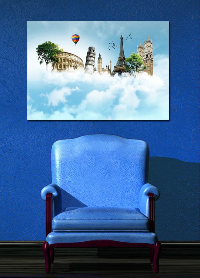 Canvas taulu 70x100 cm - Mielikuvituksellinen maisema kuuluisine rakennuksineen pilvien lomassa - Sininen / Vihreä / Valkoinen - Sisustustuotteet - Taulu & taide - Canvas-taulu