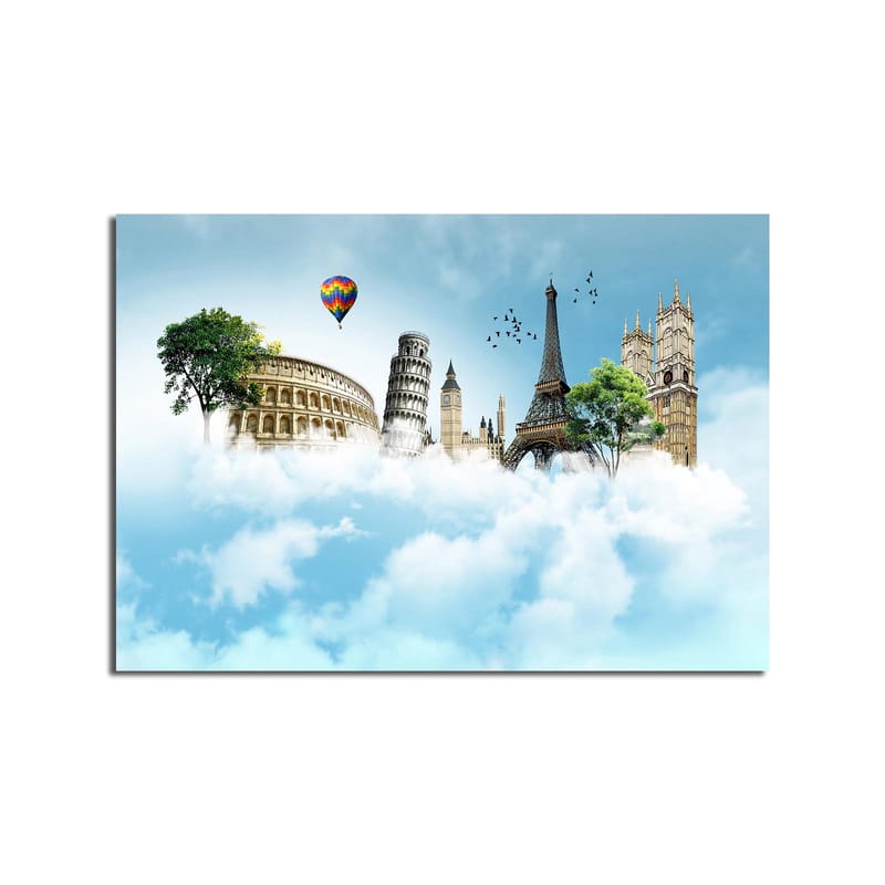 Canvas taulu 70x100 cm - Mielikuvituksellinen maisema kuuluisine rakennuksineen pilvien lomassa - Sininen / Vihreä / Valkoinen - Sisustustuotteet - Taulu & taide - Canvas-taulu