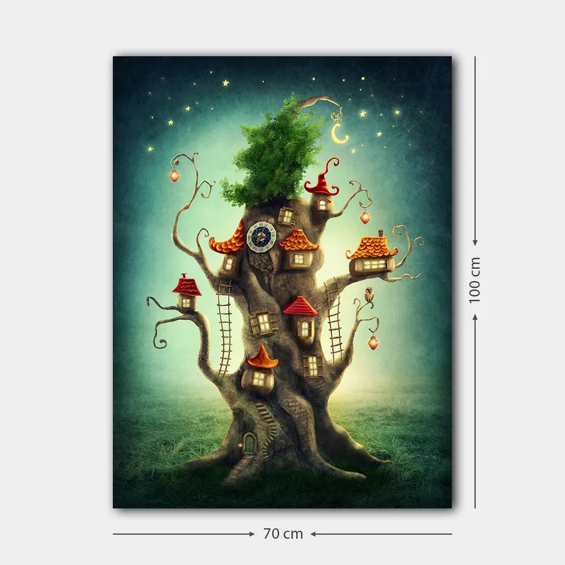 Canvas taulu 70x100 cm - Mielikuvituksellinen puutaulu pienillä taloilla ja rehevällä kruunulla - Ruskea / Vihreä / Punainen - Sisustustuotteet - Taulu & taide - Canvas-taulu