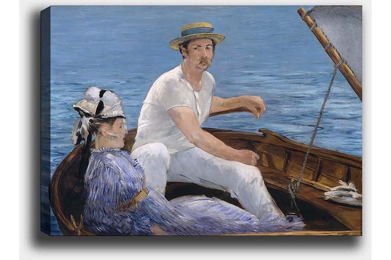 Canvas taulu 70x100 cm - Mies ja nainen istuvat veneessä vedessä rauhallisen ja harmonisen tunnelman ympäröimänä - Sininen / Valkoinen / Ruskea - Sisustustuotteet - Taulu & taide - Canvas-taulu
