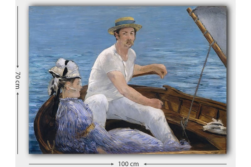 Canvas taulu 70x100 cm - Mies ja nainen istuvat veneessä vedessä rauhallisen ja harmonisen tunnelman ympäröimänä - Sininen / Valkoinen / Ruskea - Sisustustuotteet - Taulu & taide - Canvas-taulu