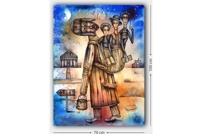 Canvas taulu 70x100 cm - Mies kantaa selässään naista ja lasta, maiseman ympäröimänä taloineen ja kyltteineen - Sininen / Ruskea / Beige - Sisustustuotteet - Taulu & taide - Canvas-taulu