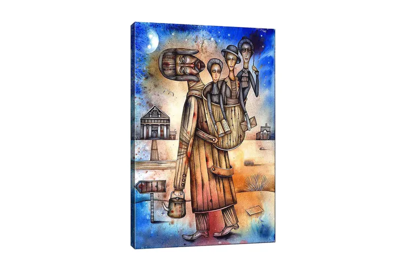 Canvas taulu 70x100 cm - Mies kantaa selässään naista ja lasta, maiseman ympäröimänä taloineen ja kyltteineen, Sininen / Ruskea / Beige