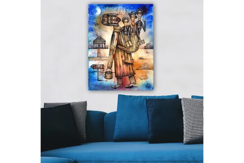 Canvas taulu 70x100 cm - Mies kantaa selässään naista ja lasta, maiseman ympäröimänä taloineen ja kyltteineen - Sininen / Ruskea / Beige - Sisustustuotteet - Taulu & taide - Canvas-taulu