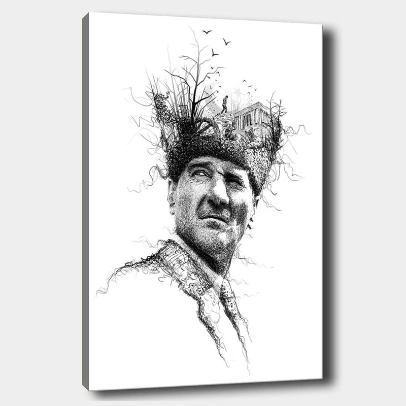 Canvas taulu 70x100 cm - Mies luovalla ja surrealistisella kampauksella, joka kuvaa puita ja rakennusta, Musta / Valkoinen