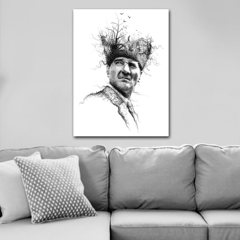 Canvas taulu 70x100 cm - Mies luovalla ja surrealistisella kampauksella, joka kuvaa puita ja rakennusta - Musta / Valkoinen - Sisustustuotteet - Taulu & taide - Canvas-taulu