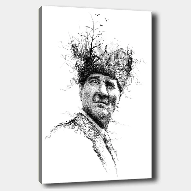 Canvas taulu 70x100 cm - Mies luovalla ja surrealistisella kampauksella, joka kuvaa puita ja rakennusta, Musta / Valkoinen
