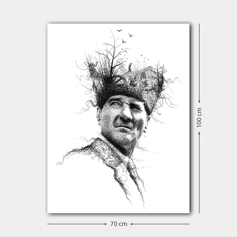 Canvas taulu 70x100 cm - Mies luovalla ja surrealistisella kampauksella, joka kuvaa puita ja rakennusta - Musta / Valkoinen - Sisustustuotteet - Taulu & taide - Canvas-taulu