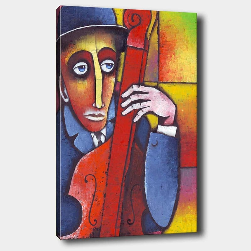 Canvas taulu 70x100 cm - Mies soittaa punertavaa soitinta melankolisella ilmeellä, Punainen / Sininen / Keltainen