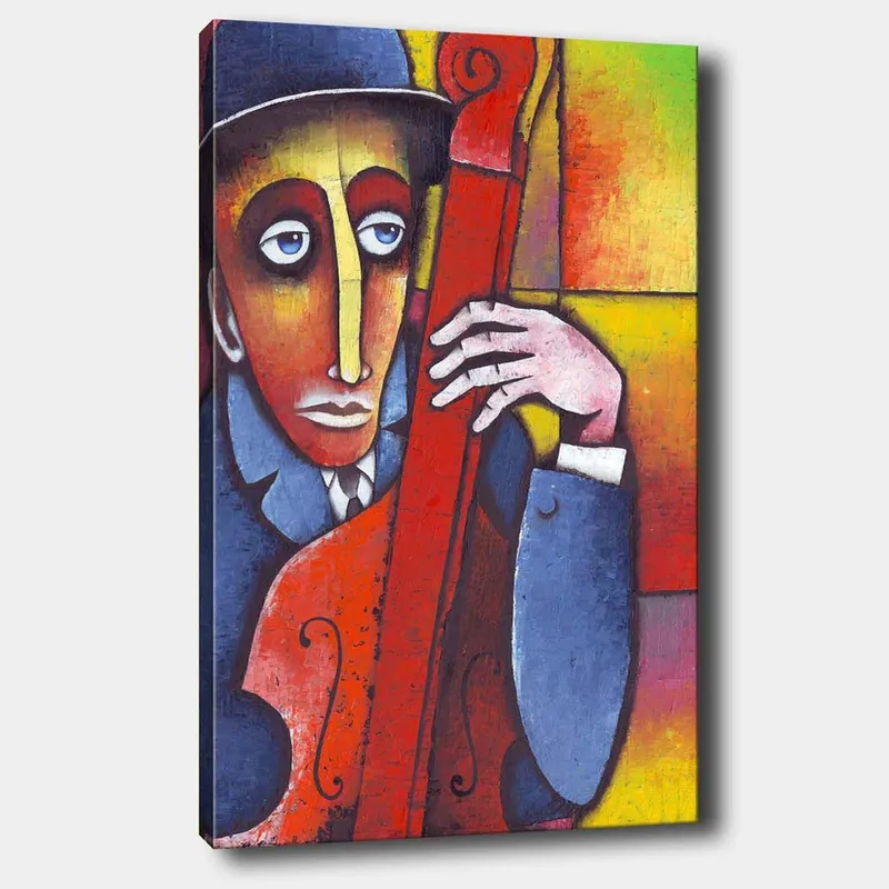 Canvas taulu 70x100 cm - Mies soittaa punertavaa soitinta melankolisella ilmeellä, Punainen / Sininen / Keltainen