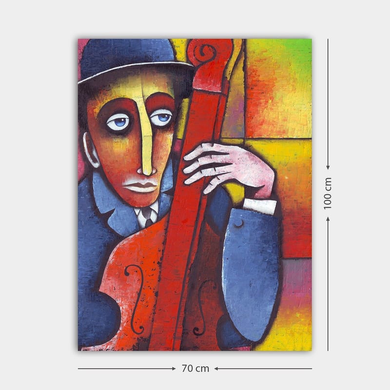 Canvas taulu 70x100 cm - Mies soittaa punertavaa soitinta melankolisella ilmeellä - Punainen / Sininen / Keltainen - Sisustustuotteet - Taulu & taide - Canvas-taulu