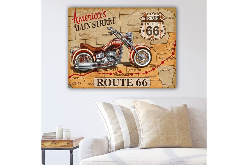 Canvas taulu 70x100 cm - Moottoripyörä Route 66 -kartalla vintage-henkisellä kuosilla, Punainen / Ruskea / Harmaa