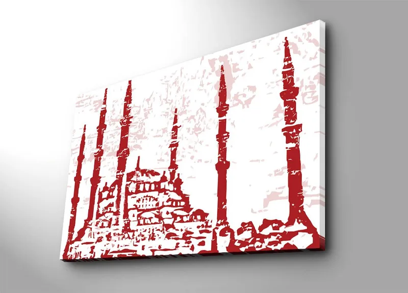 Canvas taulu 70x100 cm - Moskeijan siluetti useilla minareeteilla tyylitellyssä kuviossa, Punainen / Vaaleanpunainen