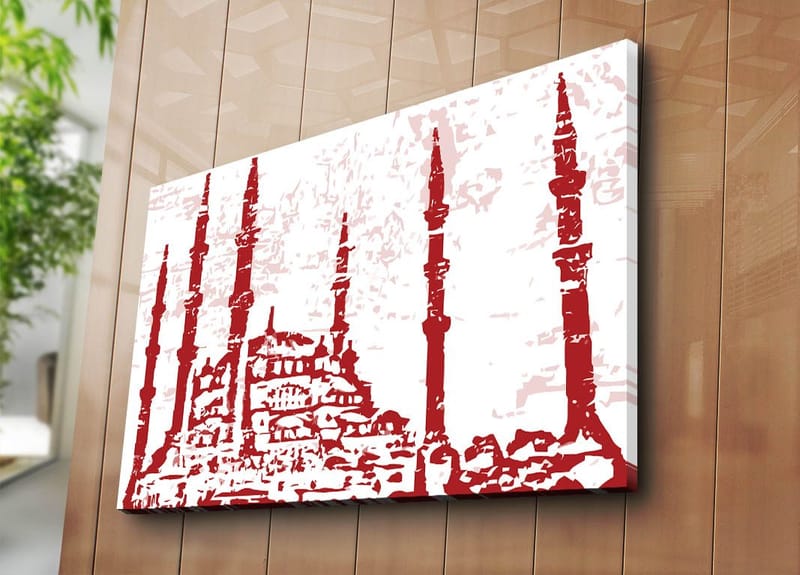 Canvas taulu 70x100 cm - Moskeijan siluetti useilla minareeteilla tyylitellyssä kuviossa - Punainen / Vaaleanpunainen - Sisustustuotteet - Taulu & taide - Canvas-taulu