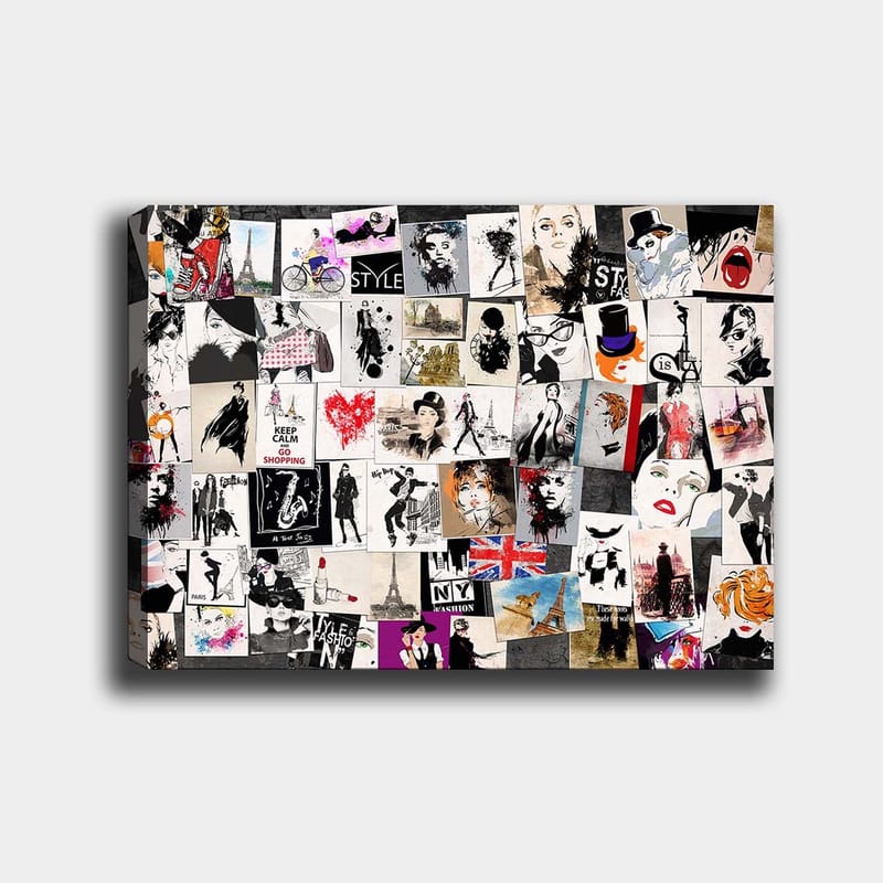 Canvas taulu 70x100 cm - Muoti-ikonien ja tyyliteltyjen muotokuvien kollaasi romanttisilla ja urbaaneilla teemoilla, Musta / Punainen / Beige