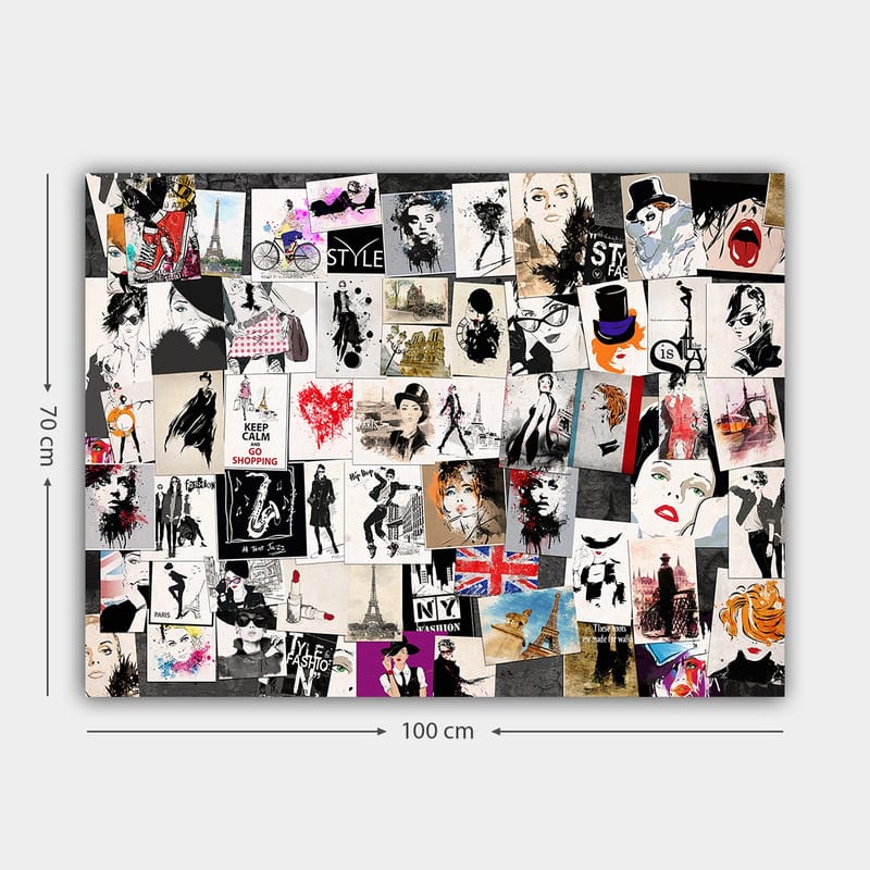 Canvas taulu 70x100 cm - Muoti-ikonien ja tyyliteltyjen muotokuvien kollaasi romanttisilla ja urbaaneilla teemoilla - Musta / Punainen / Beige - Sisustustuotteet - Taulu & taide - Canvas-taulu