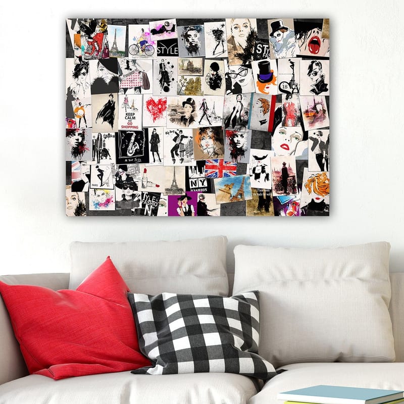 Canvas taulu 70x100 cm - Muoti-ikonien ja tyyliteltyjen muotokuvien kollaasi romanttisilla ja urbaaneilla teemoilla - Musta / Punainen / Beige - Sisustustuotteet - Taulu & taide - Canvas-taulu