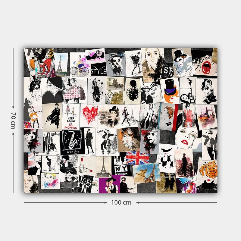 Canvas taulu 70x100 cm - Muoti-ikonien ja tyyliteltyjen muotokuvien kollaasi romanttisilla ja urbaaneilla teemoilla - Musta / Punainen / Beige - Sisustustuotteet - Taulu & taide - Canvas-taulu