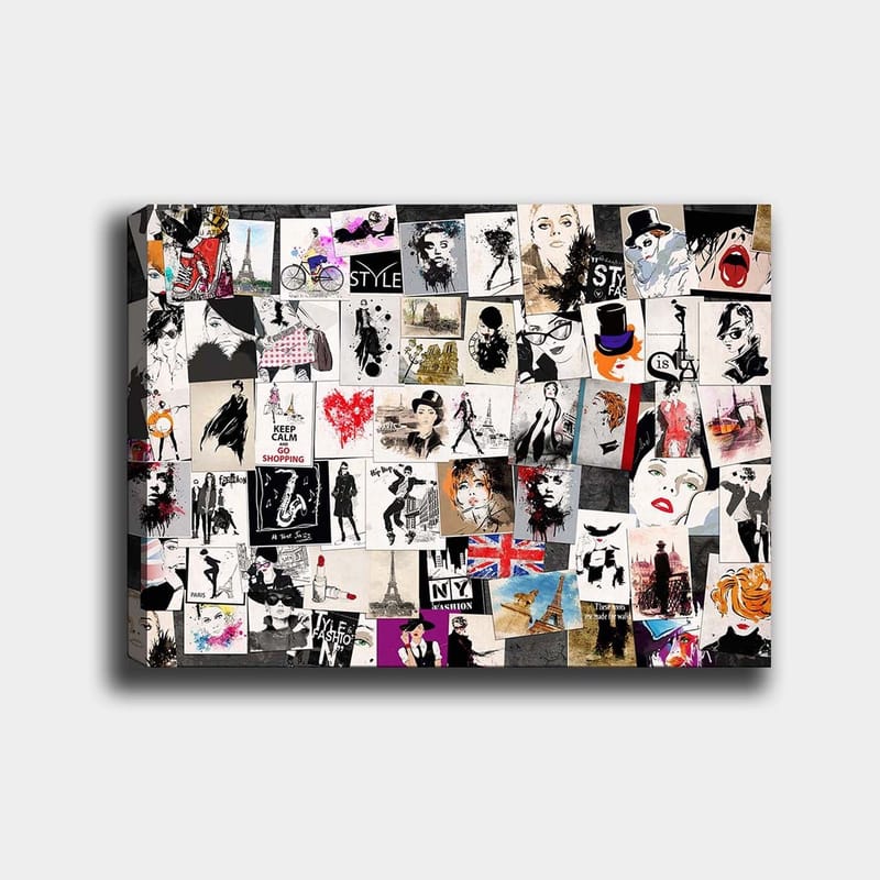 Canvas taulu 70x100 cm - Muoti-ikonien ja tyyliteltyjen muotokuvien kollaasi romanttisilla ja urbaaneilla teemoilla, Musta / Punainen / Beige