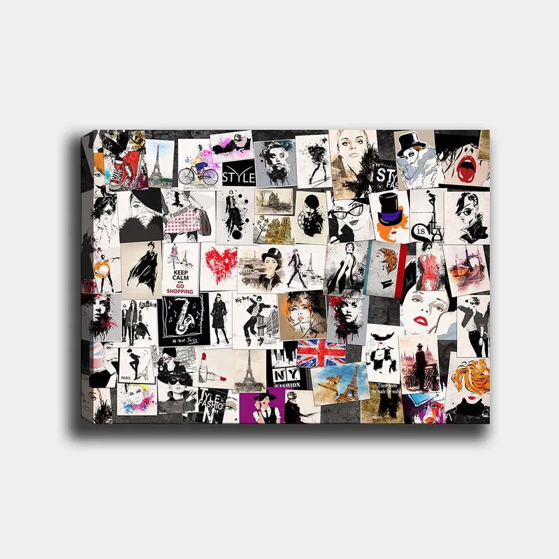 Canvas taulu 70x100 cm - Muoti-ikonien ja tyyliteltyjen muotokuvien kollaasi romanttisilla ja urbaaneilla teemoilla, Musta / Punainen / Beige