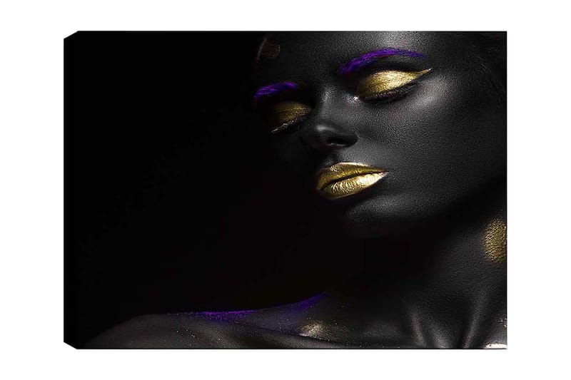 Canvas taulu 70x100 cm - Muotokuva mustaihoisesta ja kultahuulisesta naisesta, korostettu violeteilla yksityiskohdilla, Musta / Kulta / Violetti