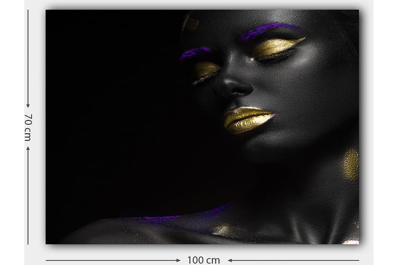 Canvas taulu 70x100 cm - Muotokuva mustaihoisesta ja kultahuulisesta naisesta, korostettu violeteilla yksityiskohdilla - Musta / Kulta / Violetti - Sisustustuotteet - Taulu & taide - Canvas-taulu