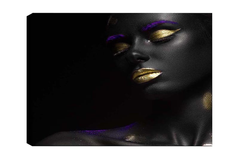 Canvas taulu 70x100 cm - Muotokuva mustaihoisesta ja kultahuulisesta naisesta, korostettu violeteilla yksityiskohdilla, Musta / Kulta / Violetti