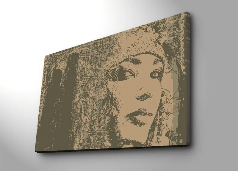 Canvas taulu 70x100 cm - Muotokuva naisesta, jolla on salaperäinen ja ilmeikäs katse, Beige / Ruskea