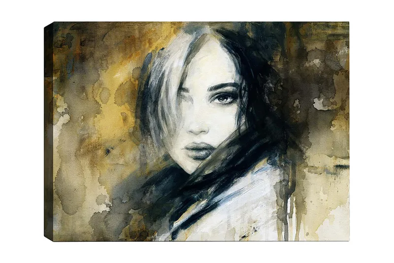 Canvas taulu 70x100 cm - Muotokuva naisesta, jolla on salaperäinen ja intensiivinen katse, Tummansininen / Beige / Valkoinen