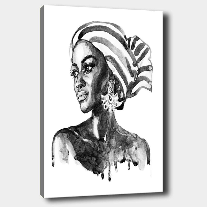 Canvas taulu 70x100 cm - Muotokuva naisesta kuviollisessa huivissa ja eleganteissa koruissa, Musta / Valkoinen