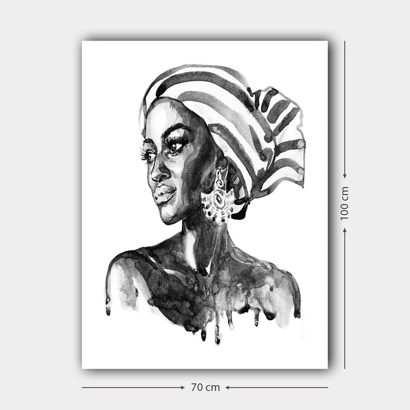 Canvas taulu 70x100 cm - Muotokuva naisesta kuviollisessa huivissa ja eleganteissa koruissa - Musta / Valkoinen - Sisustustuotteet - Taulu & taide - Canvas-taulu