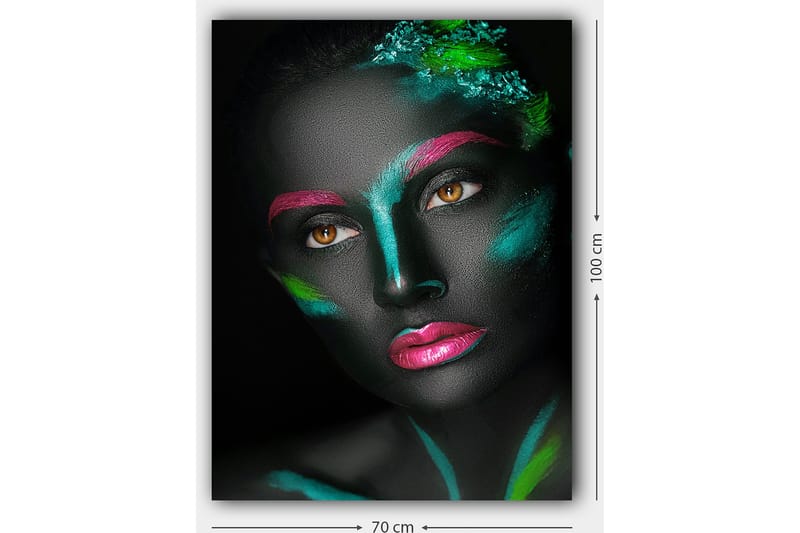 Canvas taulu 70x100 cm - Muotokuva naisesta värikkäillä kasvomaalauksilla mustalla taustalla - Musta / Vaaleanpunainen / Vihreä - Sisustustuotteet - Taulu & taide - Canvas-taulu