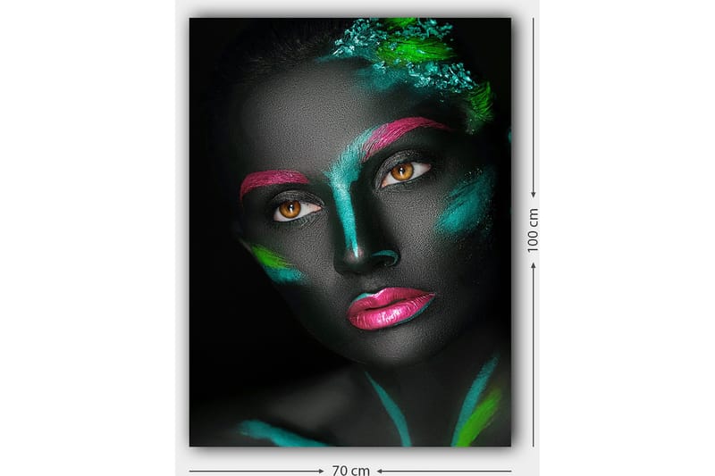 Canvas taulu 70x100 cm - Muotokuva naisesta värikkäillä kasvomaalauksilla mustalla taustalla - Musta / Vaaleanpunainen / Vihreä - Sisustustuotteet - Taulu & taide - Canvas-taulu