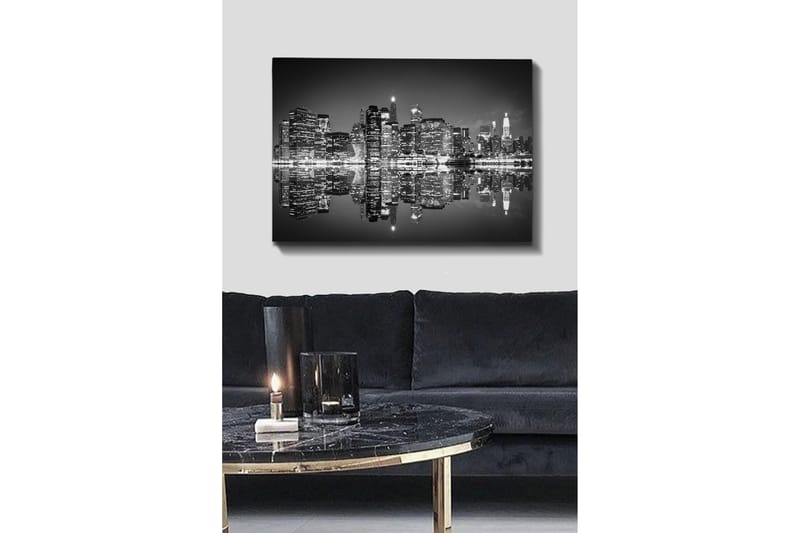 Canvas taulu 70x100 cm - Mustavalkoinen kaupunkisiluetti heijastuksilla vedessä, Musta / Valkoinen / Harmaa