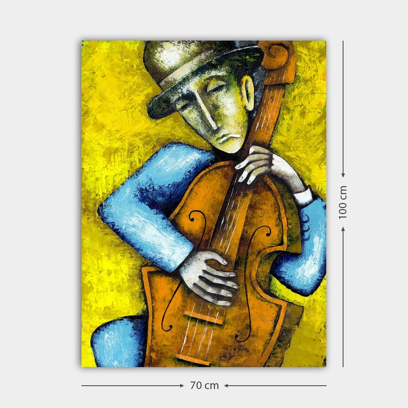 Canvas taulu 70x100 cm - Muusikko soittaa kontrabassoa tunteellisella ilmeellä - Keltainen / Sininen / Ruskea - Sisustustuotteet - Taulu & taide - Canvas-taulu
