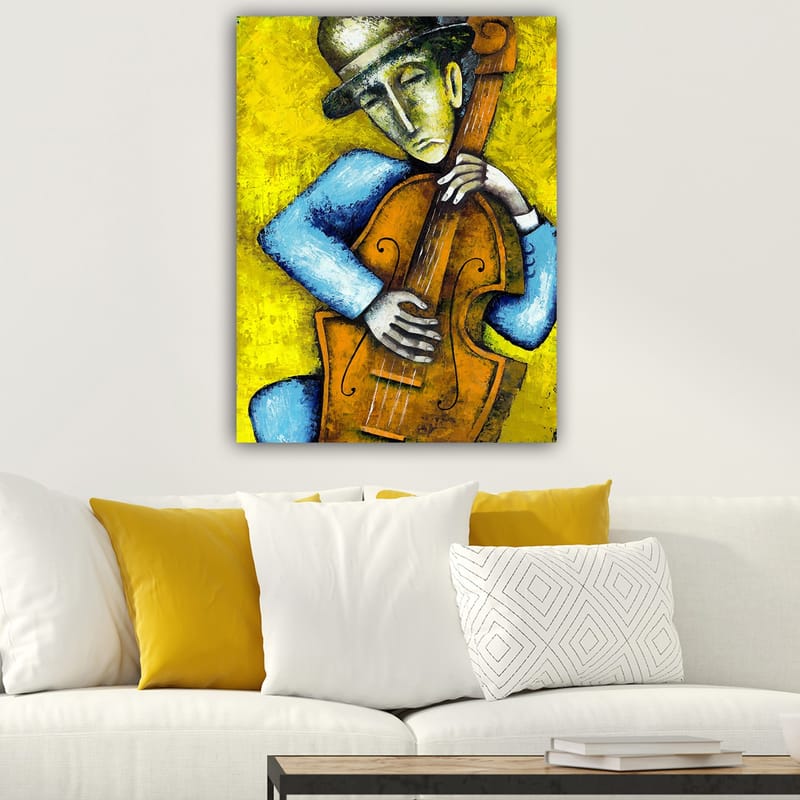 Canvas taulu 70x100 cm - Muusikko soittaa kontrabassoa tunteellisella ilmeellä - Keltainen / Sininen / Ruskea - Sisustustuotteet - Taulu & taide - Canvas-taulu