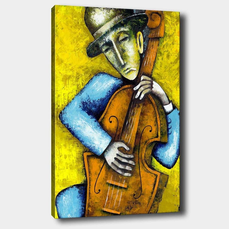 Canvas taulu 70x100 cm - Muusikko soittaa kontrabassoa tunteellisella ilmeellä, Keltainen / Sininen / Ruskea