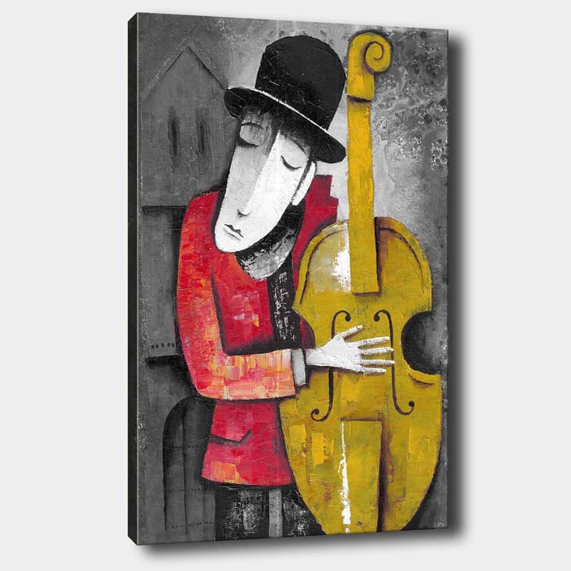 Canvas taulu 70x100 cm - Muusikko syleilee kontrabassoaan tyylitellyssä ja värikkäässä sommitelmassa - Punainen / Keltainen / Musta - Sisustustuotteet - Taulu & taide - Canvas-taulu