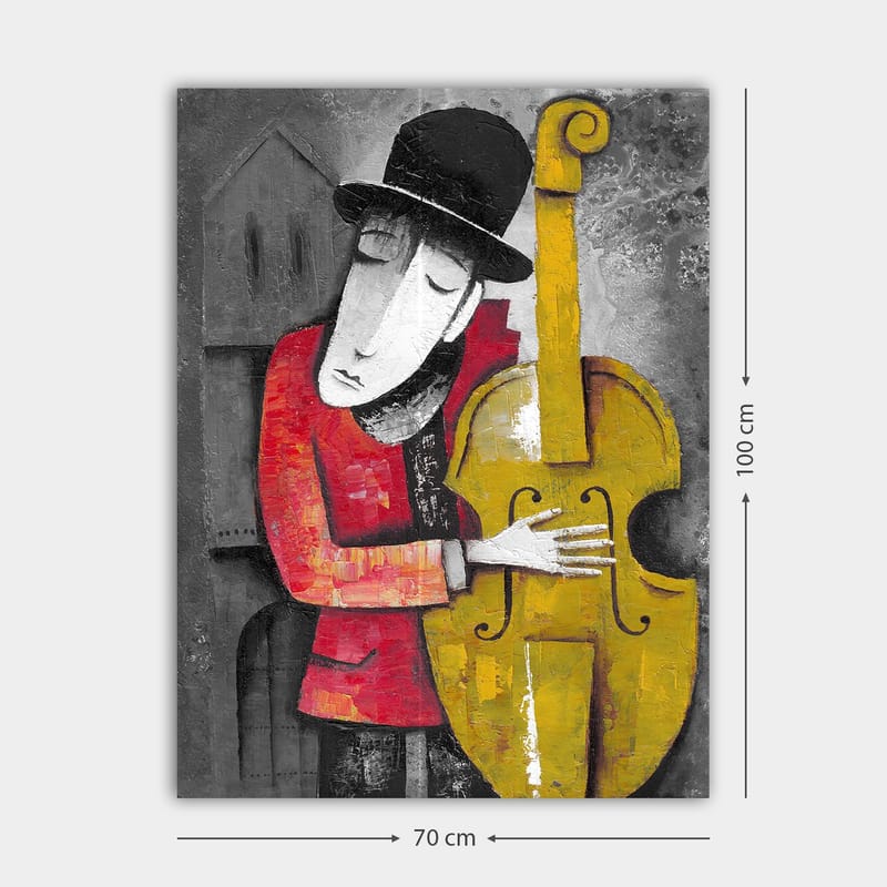 Canvas taulu 70x100 cm - Muusikko syleilee kontrabassoaan tyylitellyssä ja värikkäässä sommitelmassa - Punainen / Keltainen / Musta - Sisustustuotteet - Taulu & taide - Canvas-taulu