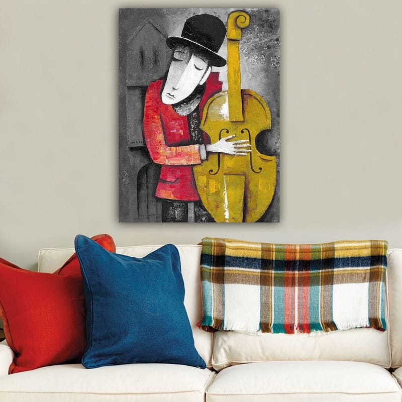 Canvas taulu 70x100 cm - Muusikko syleilee kontrabassoaan tyylitellyssä ja värikkäässä sommitelmassa - Punainen / Keltainen / Musta - Sisustustuotteet - Taulu & taide - Canvas-taulu