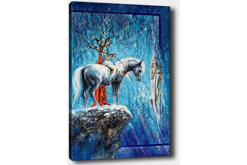 Canvas taulu 70x100 cm - Mystinen näkymä hevosen ja naisen kanssa unenomaisessa ympäristössä - Sininen / Valkoinen / Punainen - Sisustustuotteet - Taulu & taide - Canvas-taulu